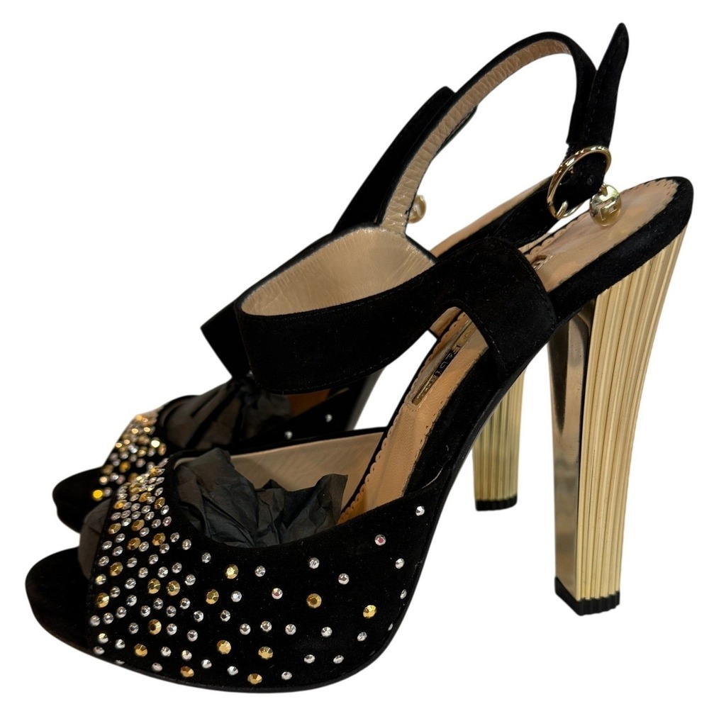 Marino Fabiani Black Suede Studded Platform Slingback Heels Gold Fluted Heel 37
